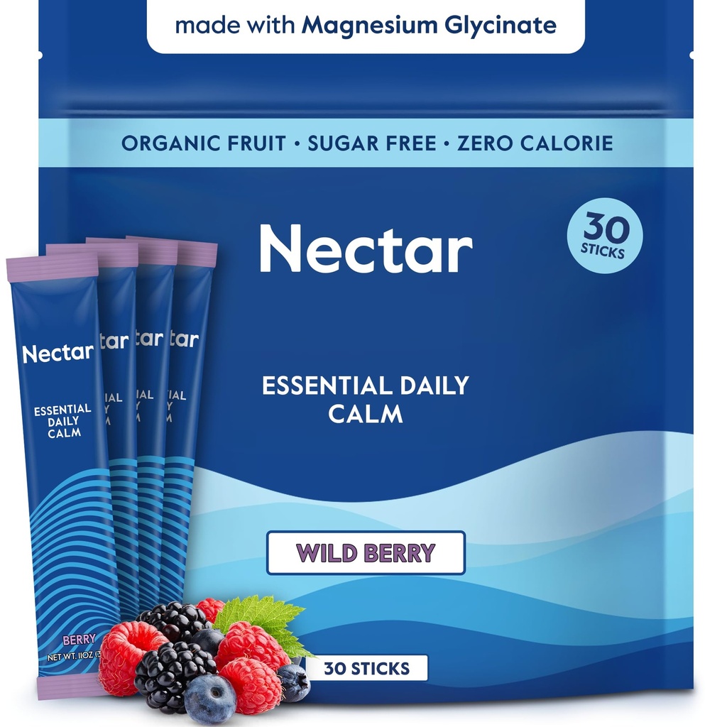 Nectar Calm Magnesium Glycinate Drink Mix - Sugar Free & Zero Calorie - with Organic Ashwagandha, Vitamin D, L-Theanine, Hydrating Electrolytes - Relax, Focus & Calm - Non-GMO (Berry 30 Sticks)