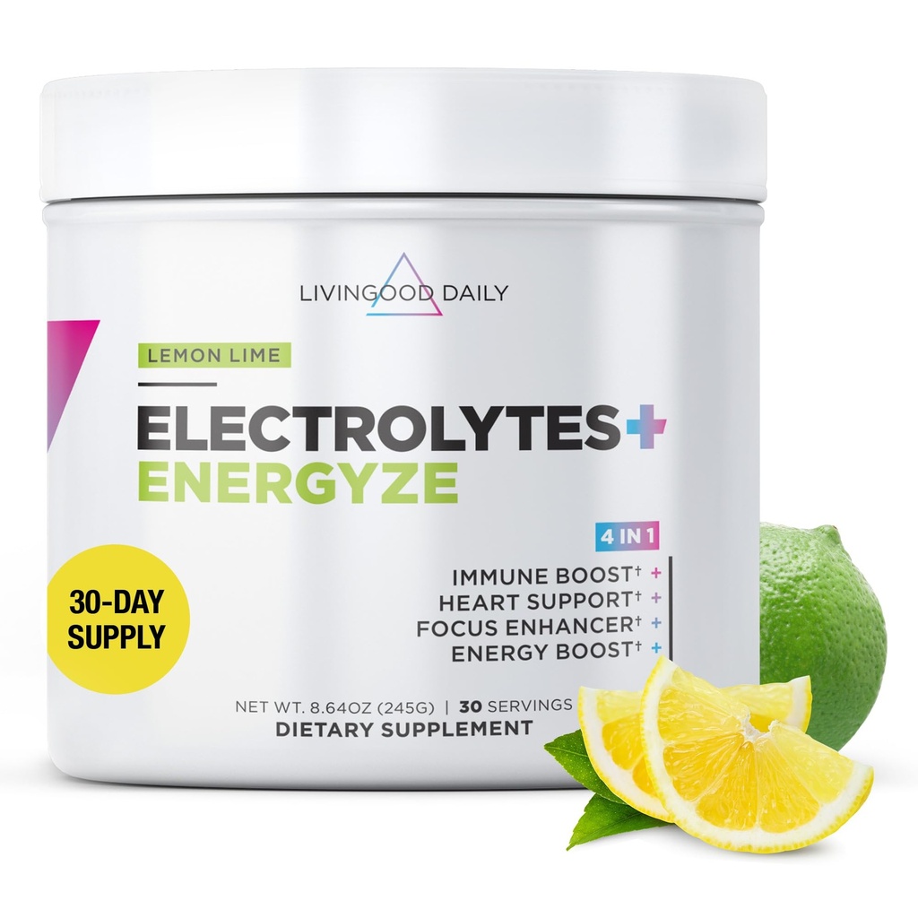 Livingood Daily Electrolytes Powder, Electrolytes Hydration Powder with Vitamin C, Taurine, D Ribose & FOS, Sugar Free Electrolyte Drink Mix, Keto, Glutenvrij, Lemon Lime Flavor, 30 porties