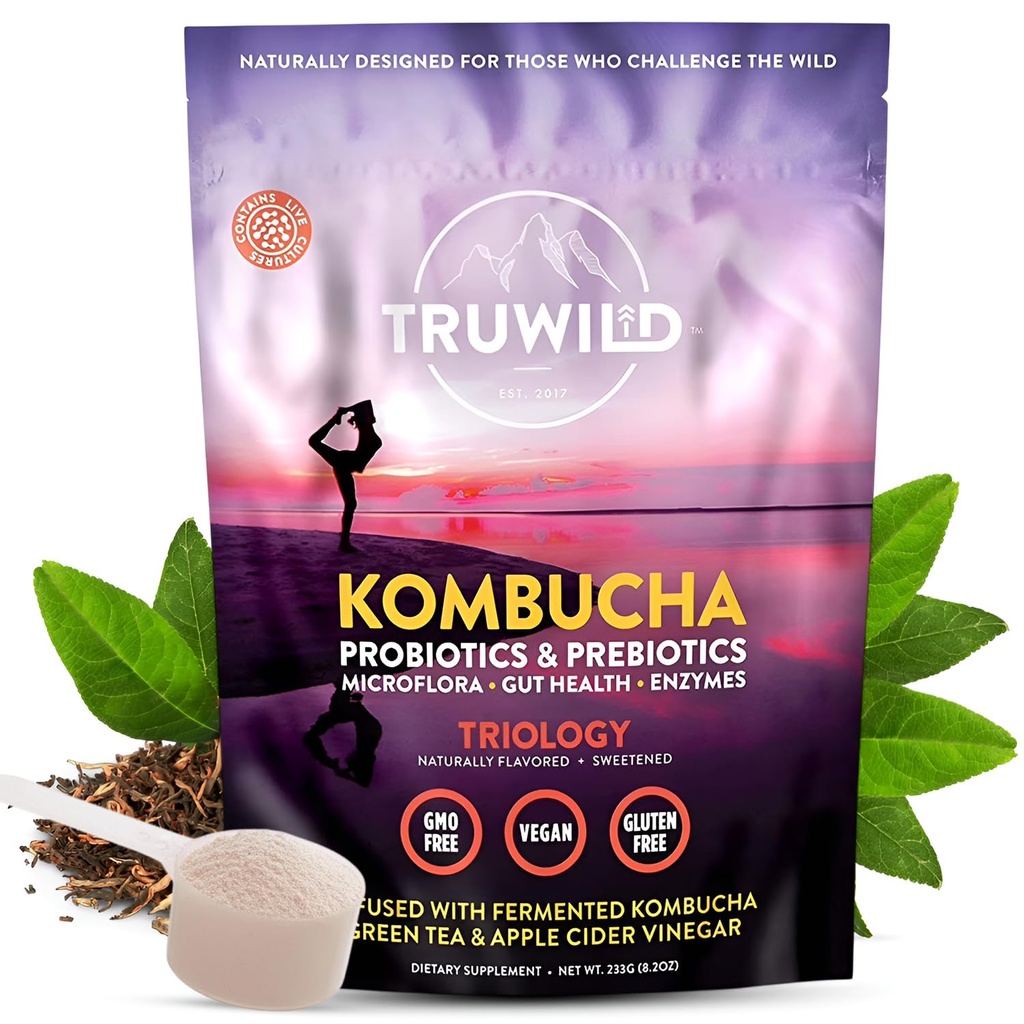 TruWild Natural Kombucha Powder Probiotic Supplement Vegan Drink Mix – Gut Health Digestive Enzymes w/Live Cultures + Apple Cider Vinegar & Prebiotics – 20 Servings