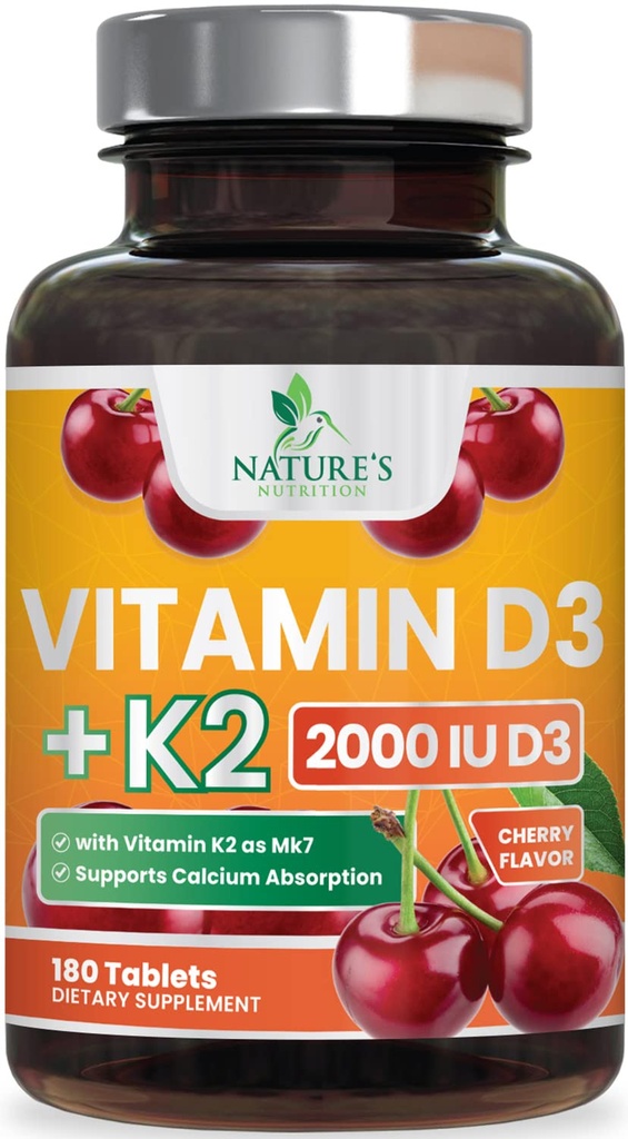 Vitamine D3 K2 2000 IE Plus met K2 (MK-7) 75 mcg - Vitaminen D & K Complex Supplement voor botten, tanden, spieren, calcium Absorptie, ondersteunt Immune & Heart Health, niet-GMO Kauwbare formule - 180 tabletten