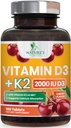 Vitamine D3 K2 2000 IE Plus met K2 (MK-7) 75 mcg - Vitaminen D & K Complex Supplement voor botten, tanden, spieren, calcium Absorptie, ondersteunt Immune & Heart Health, niet-GMO Kauwbare formule - 180 tabletten
