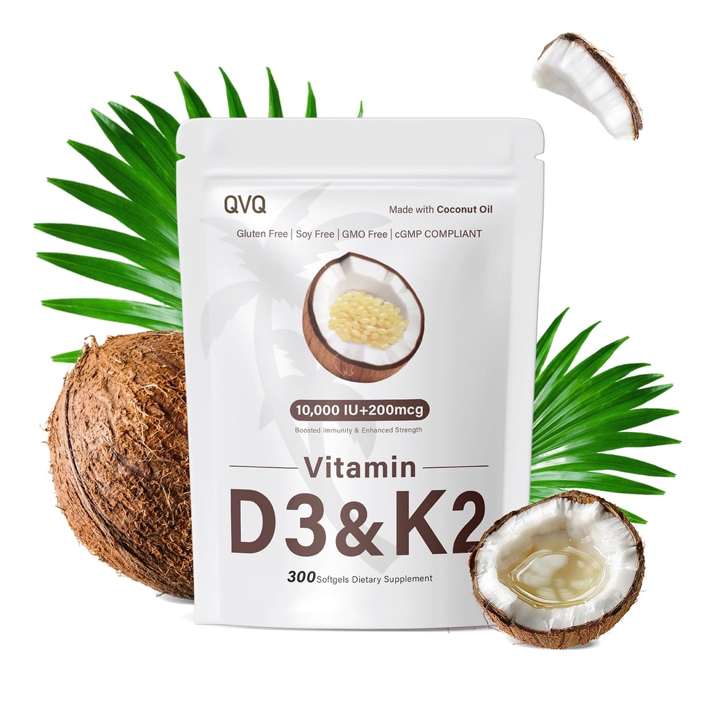 300 Pcs 2 en 1 Vitamine D3 10000 iu Plus K2 (MK-7) 200 mcg Huile de coco vierge Softgels avec Vitamines D & K soutient l'absorption de calcium, os, immunitaire, et santé du coeur – Facile à avaler