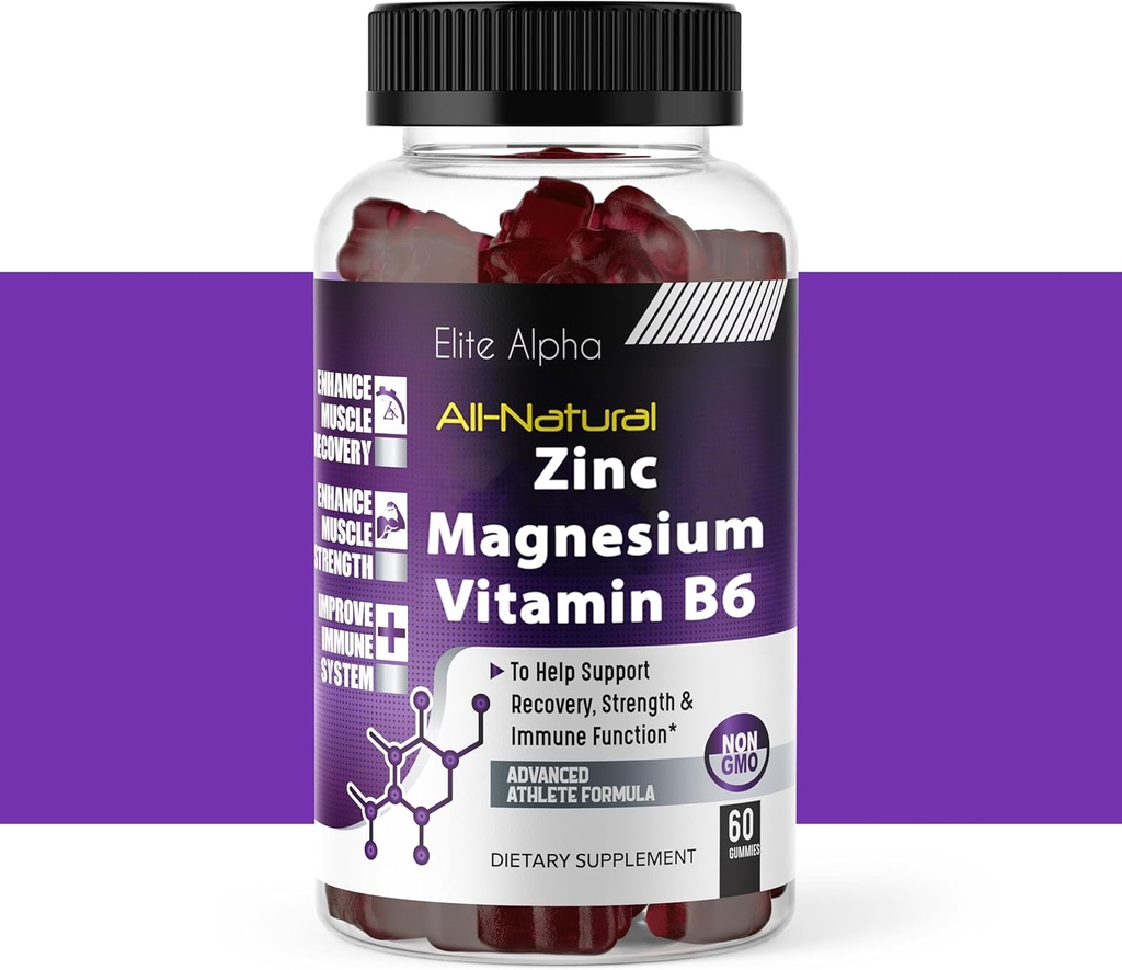 Zink+Magnesium+Vitamine B6 Max Strength Gummies - Potent All-Natural Zink, Magnesium, B6 voor Immune Ondersteuning en Spierenergie & Recovery