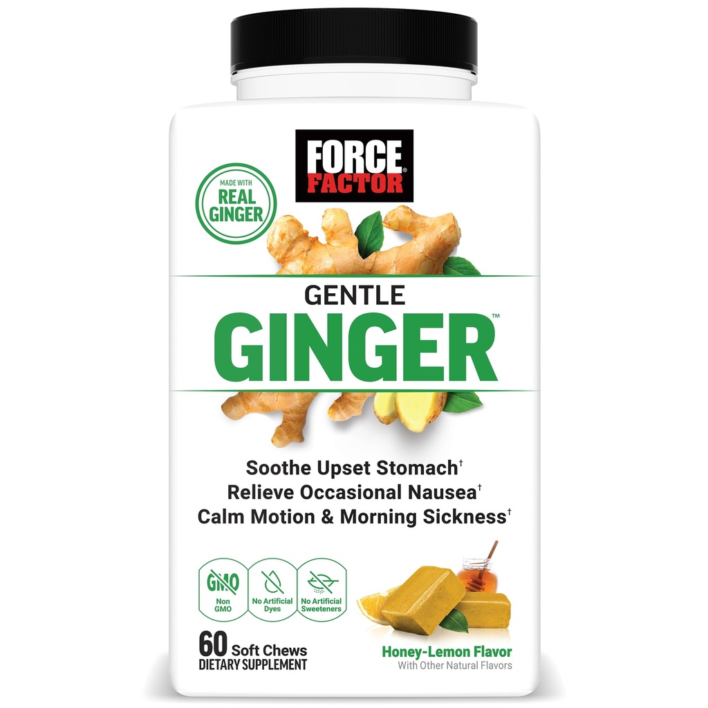FORCE FACTOR Gentle Gember Kauwt voor Misselijkheid Relief, Beweging Ziekte, en Morgen Ziekte, Gember Supplement met Vitamine B6 voor Digestieve Ondersteuning, Niet-GMO, Honey-Citroen Gember smaak, 60 Zachte Kauwen