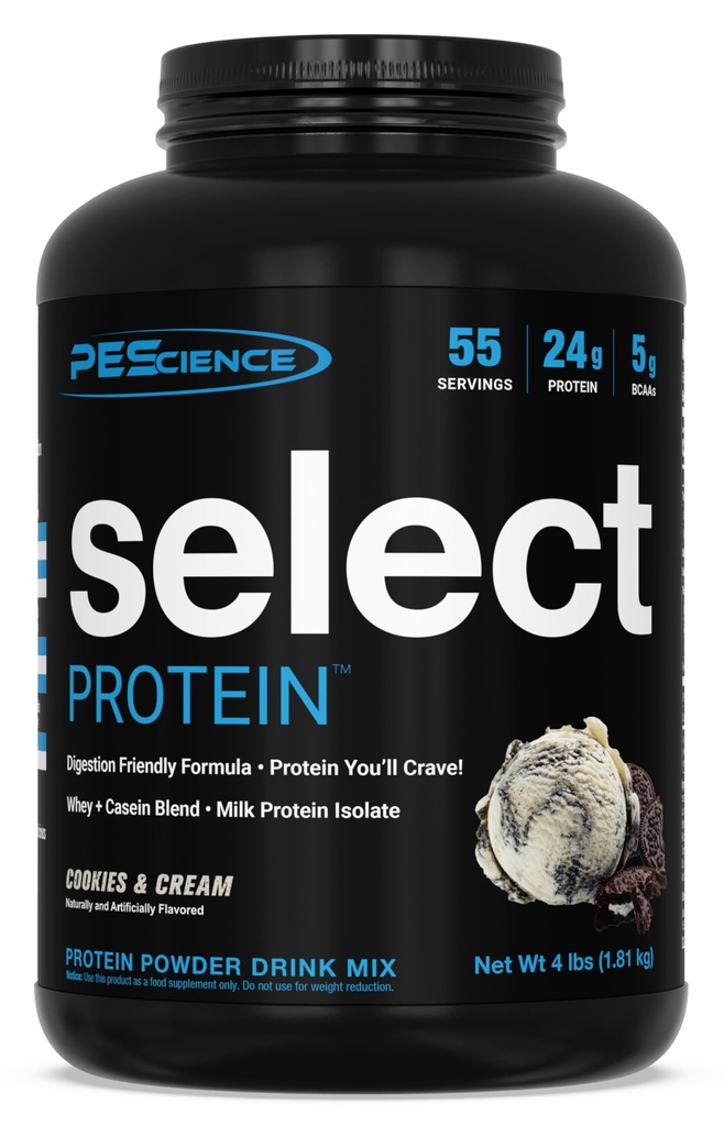 PEScience Select Protein Powder, Whey and Casein Blend, Lean Protein Powder for Women and Men, Low Calorie, Low Carb, Keto Friendly, Gluten Free, Cookies and Cream - 55 Servings