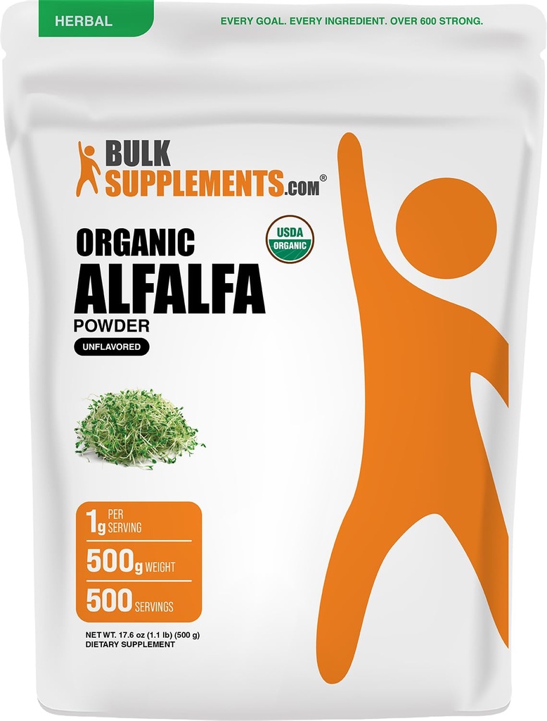 BulkSupplements.com Poudre de graminée d'alfalfa biologique - Supplément d'alfalfa, Poudre de superalimentation verte - Sans végétalien et sans gluten, 5g par portion, 500g (1,1 lb) (paquet de 1)