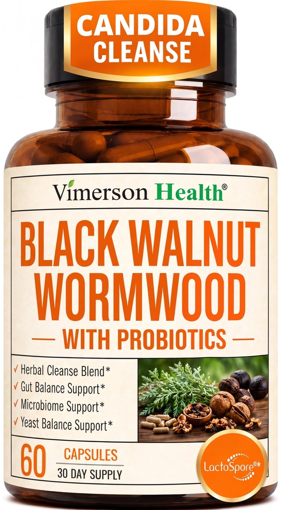 Black Walnut Wormwood Candida Cleanse Capsules – Gut Cleanse and Detox with Oregano, Caprylic Acid, LactoSpore Probiotics & Reishi – Herbal Digestive Support – 60 Capsules 30-Day Supply