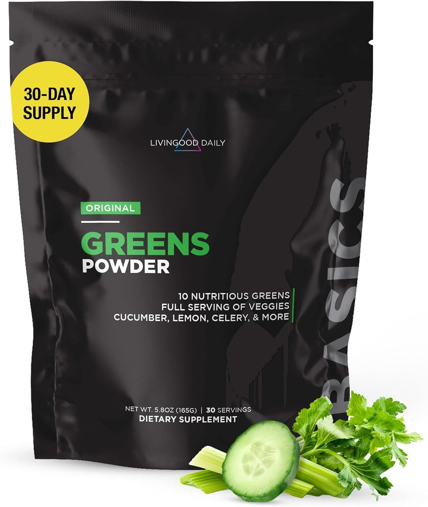 Livingood Daily Basic Greens Powder, Super Greens Drink Mix met Spirulina, Broccoli, Kale, Tarwegras & Chlorella, Biologische Plantaardige Blend, Veganistisch, Glutenvrij, Niet GGO, 30 porties