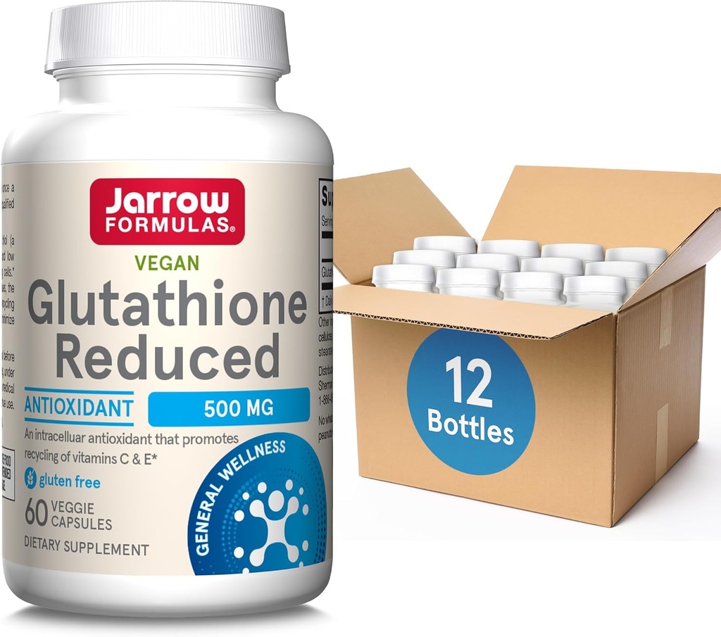 Jarrow Formulas Glutathion Reduced 500mg- 60 Veggie Capsules- Intracellulaire Antioxidant- Kwaliteit Glutathion Supplementen- Ondersteunt Recycling van Vitaminen C & E- Non-GMO- Glutenvrij- Veganistisch, Verpakking van 12