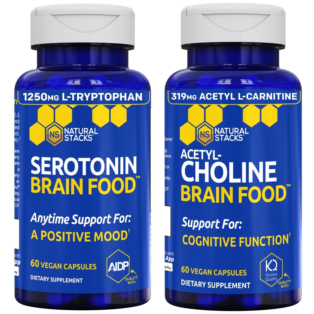 NATUURLIJKE STAKKEN Acetylcholine Brain Food & serotonine Brain Food Bundle - Ondersteunt een positieve Mood & Cognitive functie* - 120 Totaal Capsules