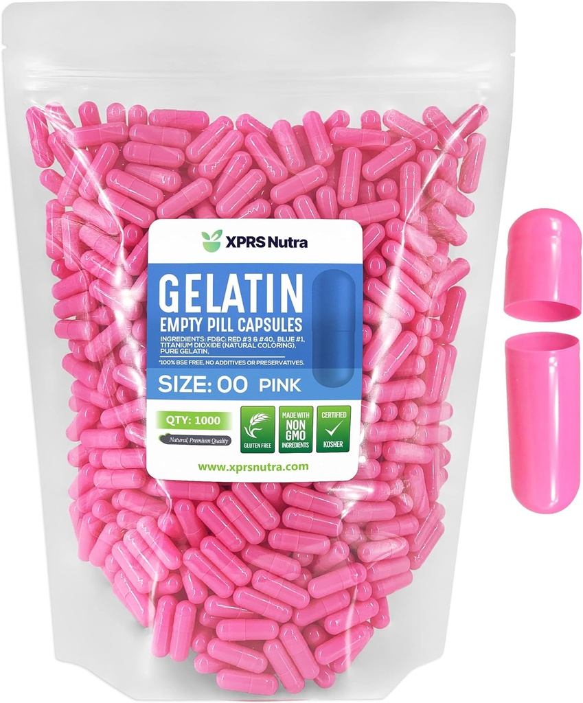 XPRS Nutra Size 00 Empty Capsules - 1000 Count Empty Gelatin Capsules - Pills DIY Capsule Filling - Fillable Pill Gel Caps for Do-It-Yourself Supplements (Pink)