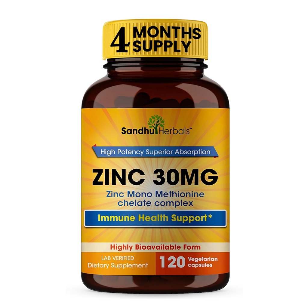 SANDHUHERBALS Zinc 30mg Capsules pour les hommes et les femmes.