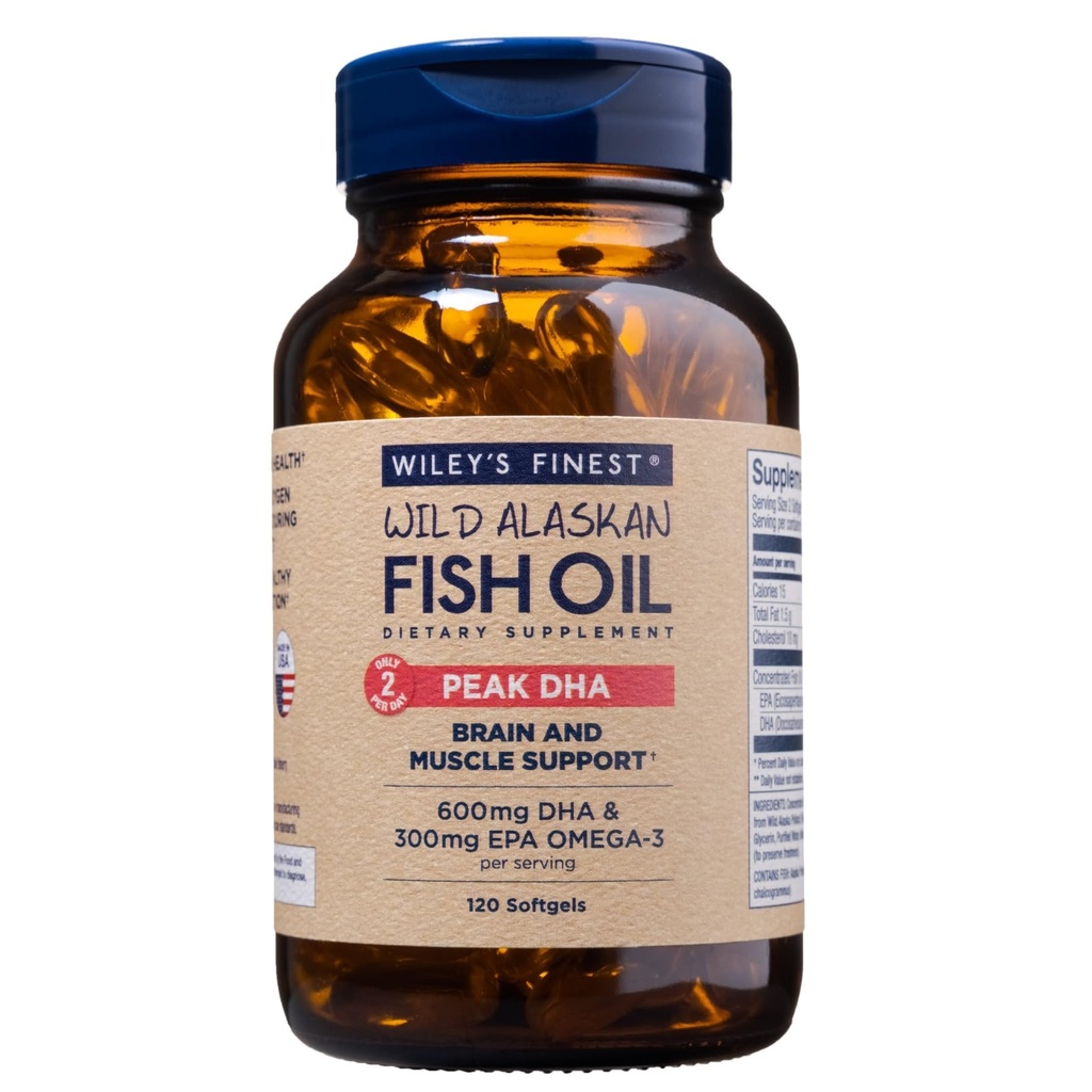 Wiley's Finest Wild Alaska Fish Oil Peak DHA - 900mg EPA en DHA Omega-3s - 120 Softgels (60 Servers)