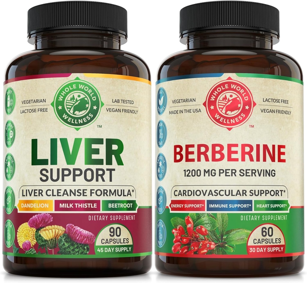Leverreiniging Detox Reparatie Formule en Premium Berberine Bundle (één fles per stuk). Ondersteunt Lever Gezondheid, Cardiovasculaire Gezondheid, Energie Boost, Metabole Functie. USA Made.