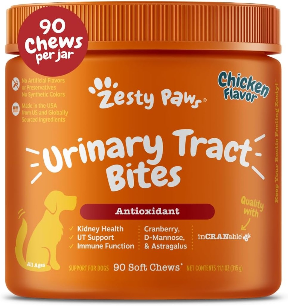 Zesty Paws Cranberry Supplement voor honden - Bladder Control voor honden - Urinetrak Ondersteuning - Cranberry Kauwen - Immune & Gut Support - Kip - 90 Tel.