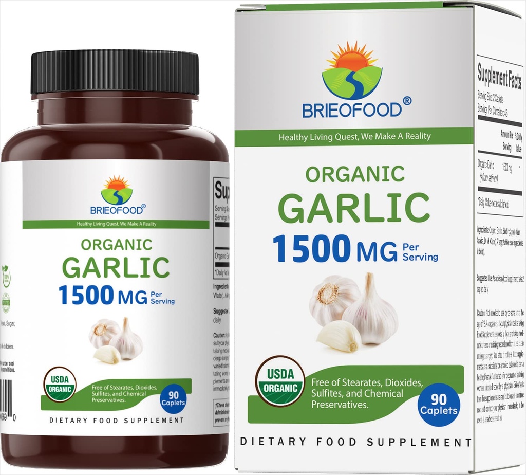 Brieofood Biologische Knoflook 1500mg, 45 porties, Vegetarisch, Glutenvrij, 90 Vegetarische tabletten