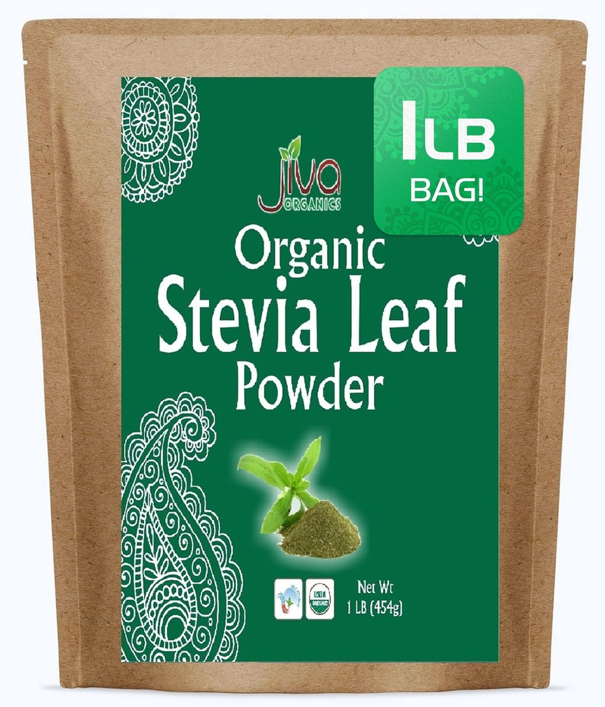 Jiva Organics Natural Unprocessed Stevia Leaf Powder 1 Pound Bulk Kraft Bag - Product of India - Green Color, Original Stevia Leaf Ground with no additives