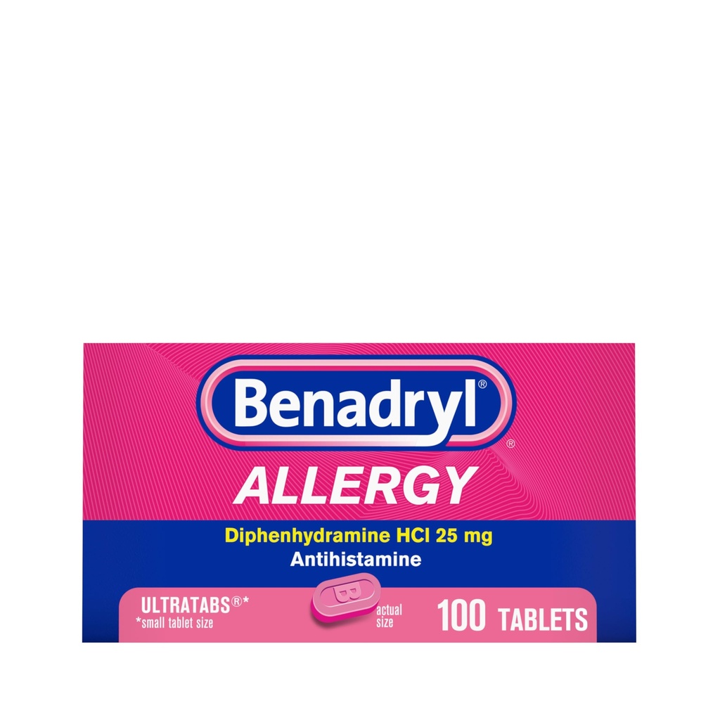 Benadryl Ultratabs Allergie Médecine, 25 mg Diphenhydramine HCl Antihistamine Comprimés pour le soulagement du froid et de l'allergie des symptômes comme éternuements, nez runny, yeux démangeaisons et gorge, fièvre du foin, 100 comprimés de comptage