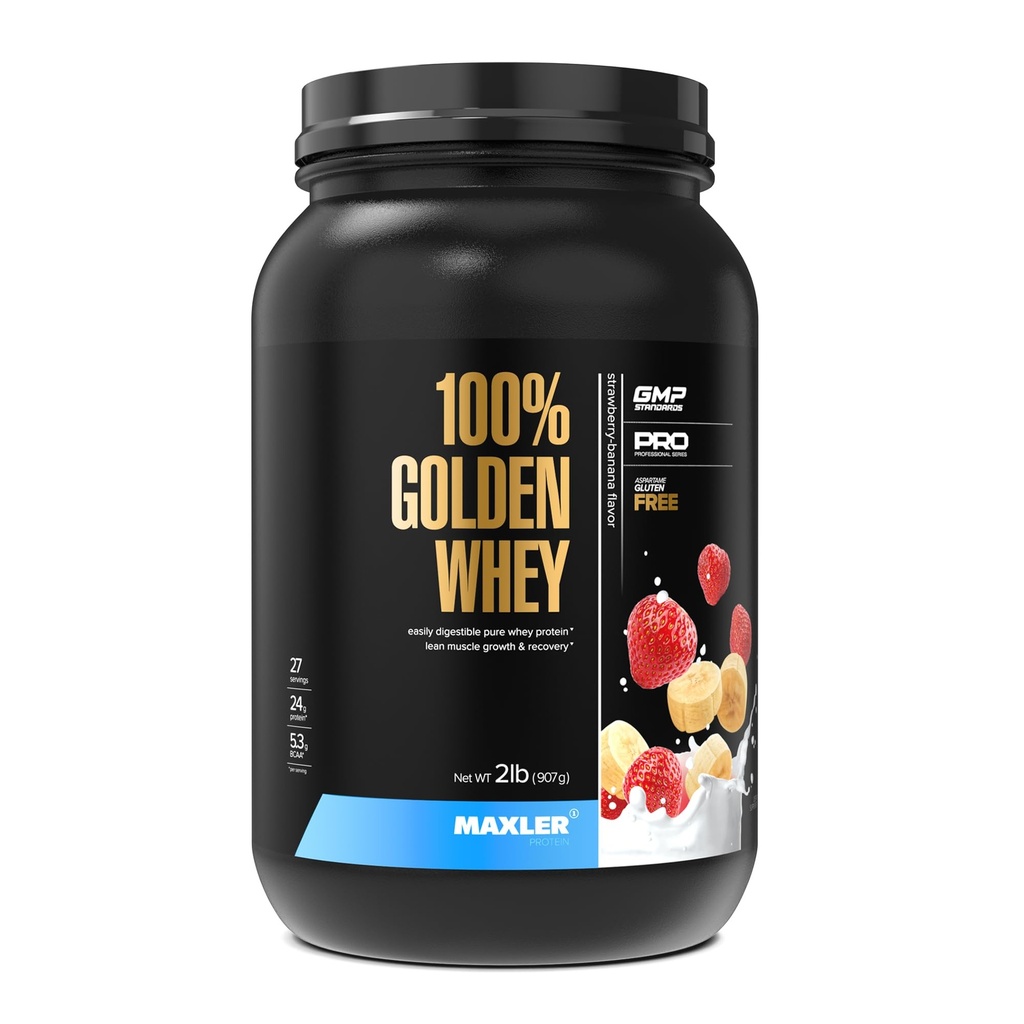 Maxler 100% Golden Whey Protein - 24g of Protein per Serving - Whey Protein Powder for Pre Post Workout - Fast-Absorbing Whey Concentrate, Isolate & Hydrolysate Blend - Strawberry Banana 2 lb