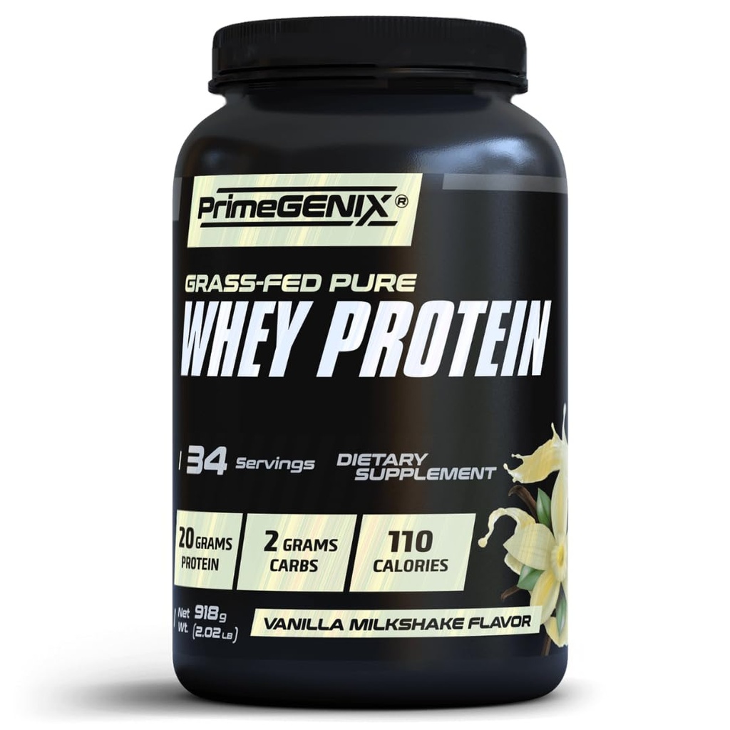 PrimeGENIX - Grass-Fed Whey Protein Powder - 34 Servings of Vanilla Protein Powder with Zero Sugar, Supports Healthy Metabolism, Helps Maintain Energy & Supports Physical Performance During Workouts