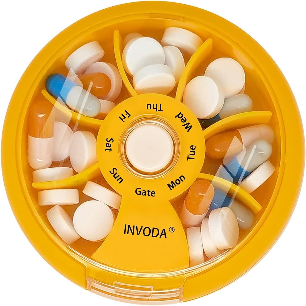 INFODA Weekly pil Organizer 7 Compartiment Rotating Pill Box voor dagelijkse medicatie & vitamines - Portable Travel Pill Case Visolie Supplementen Vitaminen Organisator (Orange)