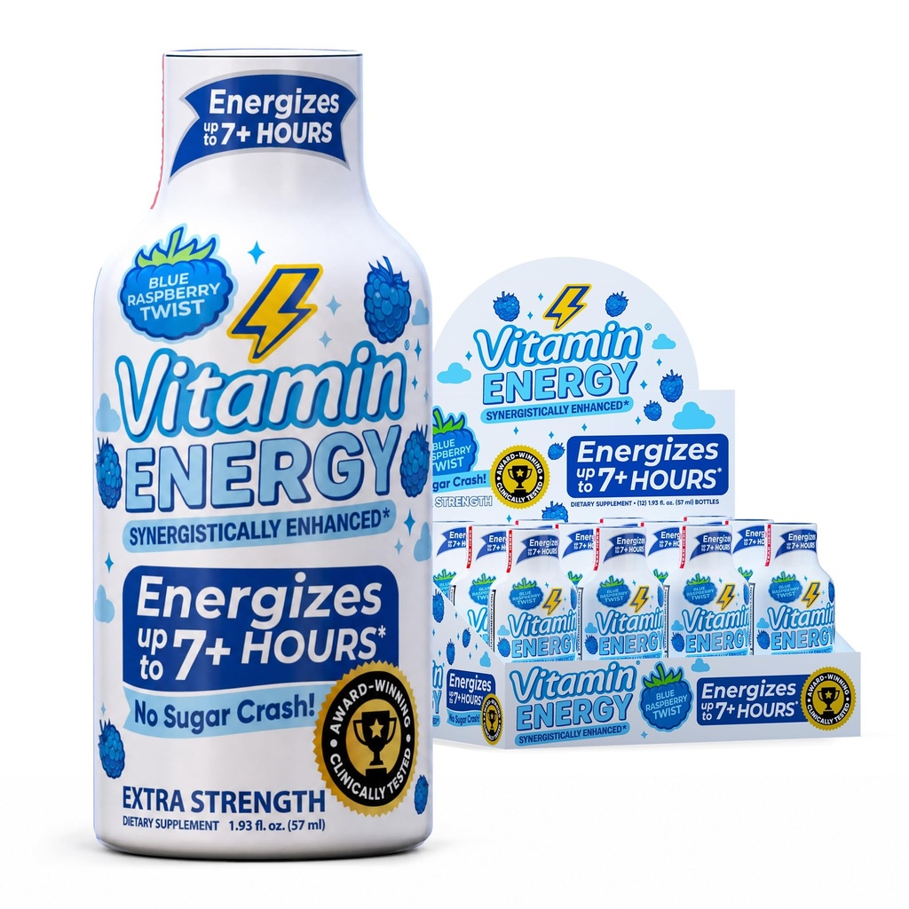 Vitamin Energy Blue Raspberry Twist Extra Strength Energy Shot, 12 Pack - Up to 7 Hrs, 260mg Natural Caffeine, Zero Sugar - Electrolytes + BCAAs, Hydration, B12 B6 Niacin, 1.93 fl oz, Keto Vegan