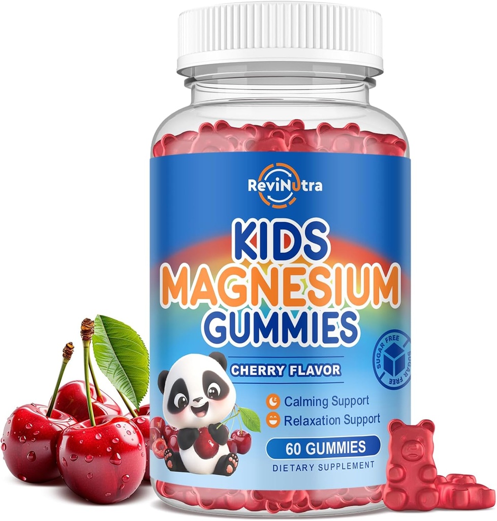 Kids Magnesium Citrate Gummies - Magnesium voor kinderen & Volwassenen, Kalm Magnesium Citrate Supplement Ondersteuning Slaap, Bot & Muscle Health, Zenuwontspanning - 60 Tel Cherry Flavor