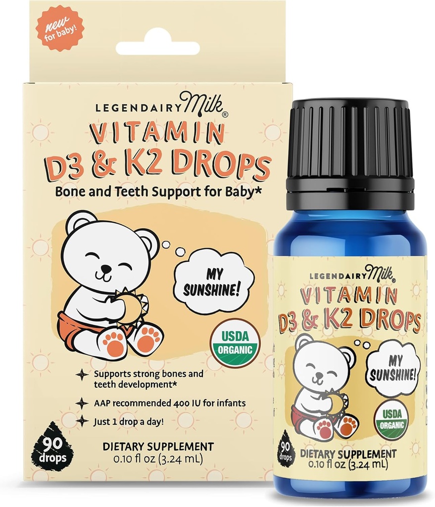 Legendairy Melk Biologische Baby Vitamine D3 K2 Liquid Drops, 400 IE Baby Vitamine D Drops voor Baby's met K2 Drops, Vitamine D Drops voor pasgeborenen, peuters en kinderen, Veganistisch, 90 druppels vloeibaar