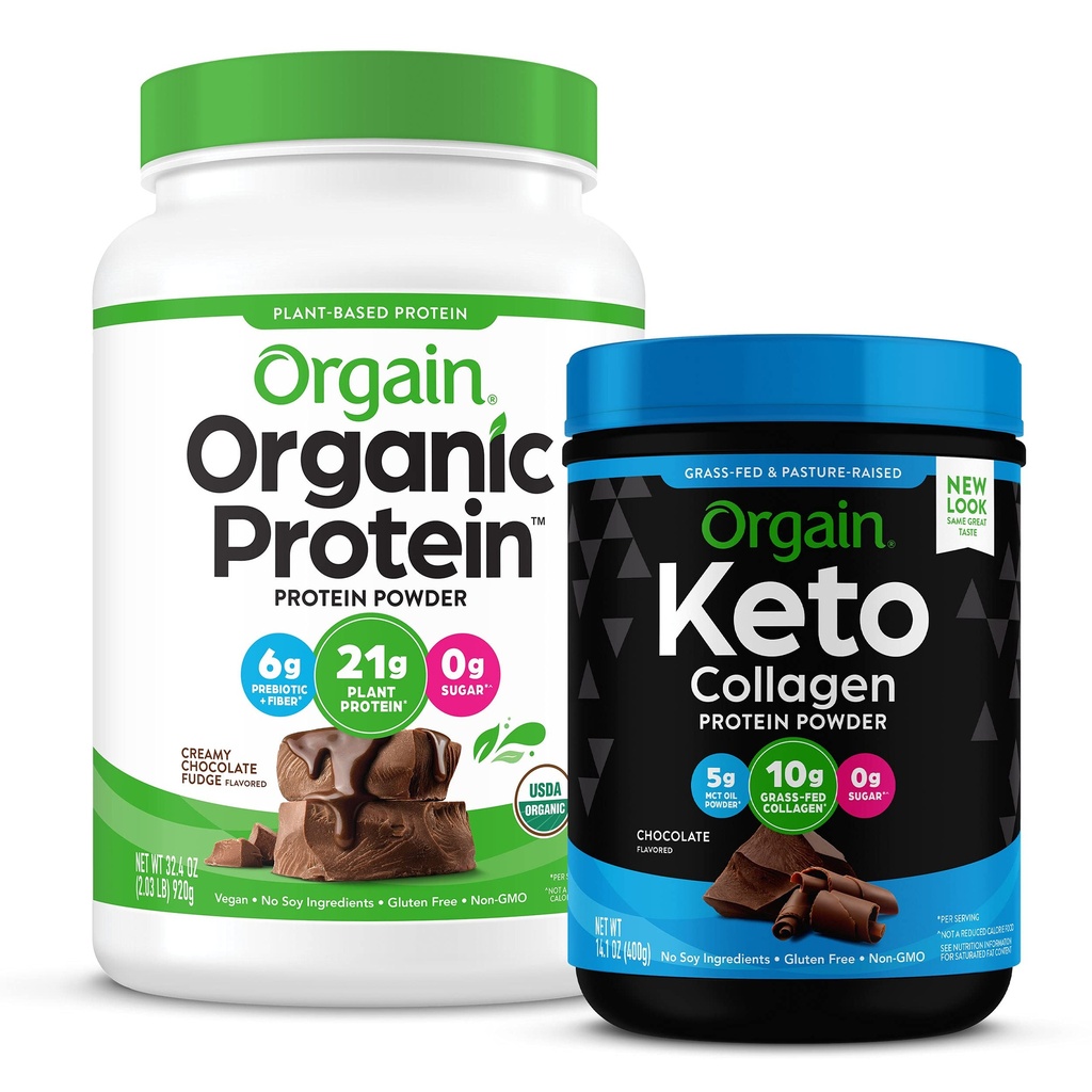 Orgain Keto Collagen Protein Powder, Chocolate (0.88lb) Organic Vegan Protein Powder, Creamy Chocolate Fudge (2.03lb)