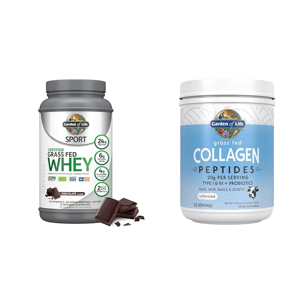 Garden of Life Sport Whey Protein Powder Chocolate, Premium Grass Fed Whey Protein & Collagen Peptides Grass Fed, 19.75 Ounce