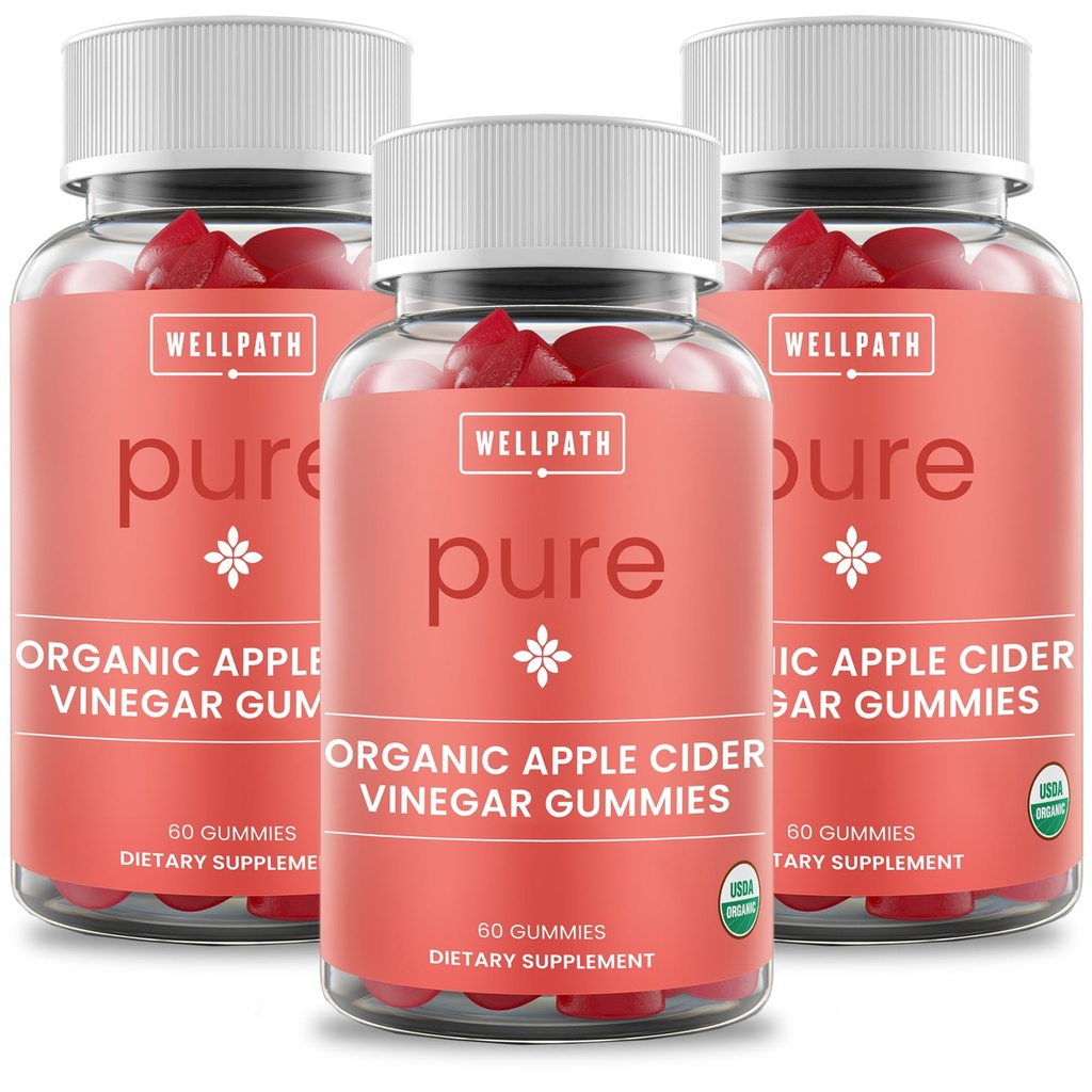 WellPath Pure Organic Apple Cider Vinegar Gummies from The Mother (3 Pack) - Made with Ginger for Gut Health Vegan, Non-GMO, 180 Ct