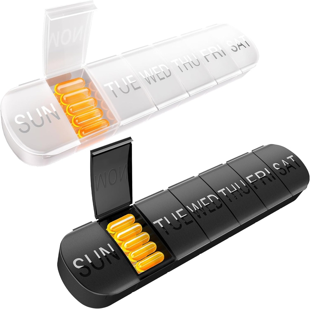 Weekly pil Organizer 2 keer per dag, Travel Pill Box 7 Dag Extra Large Compartments Vitamine houder, Daily Pill Container 7day XL Medicine Dispenser voor Fish Oil Case (2PCS Black-White)