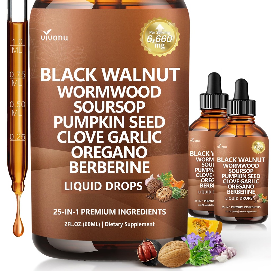 25-in-1 Liposomal Black Walnut & Wormwood Liquid Drops – 6660mg Herbal Cleanse for Humans with Soursop, Garlic, Pumpkin Seed, Berberine, Oregano, Turmeric, Echinacea & Cinnamon, 4 Fl Oz (Pack of 2)