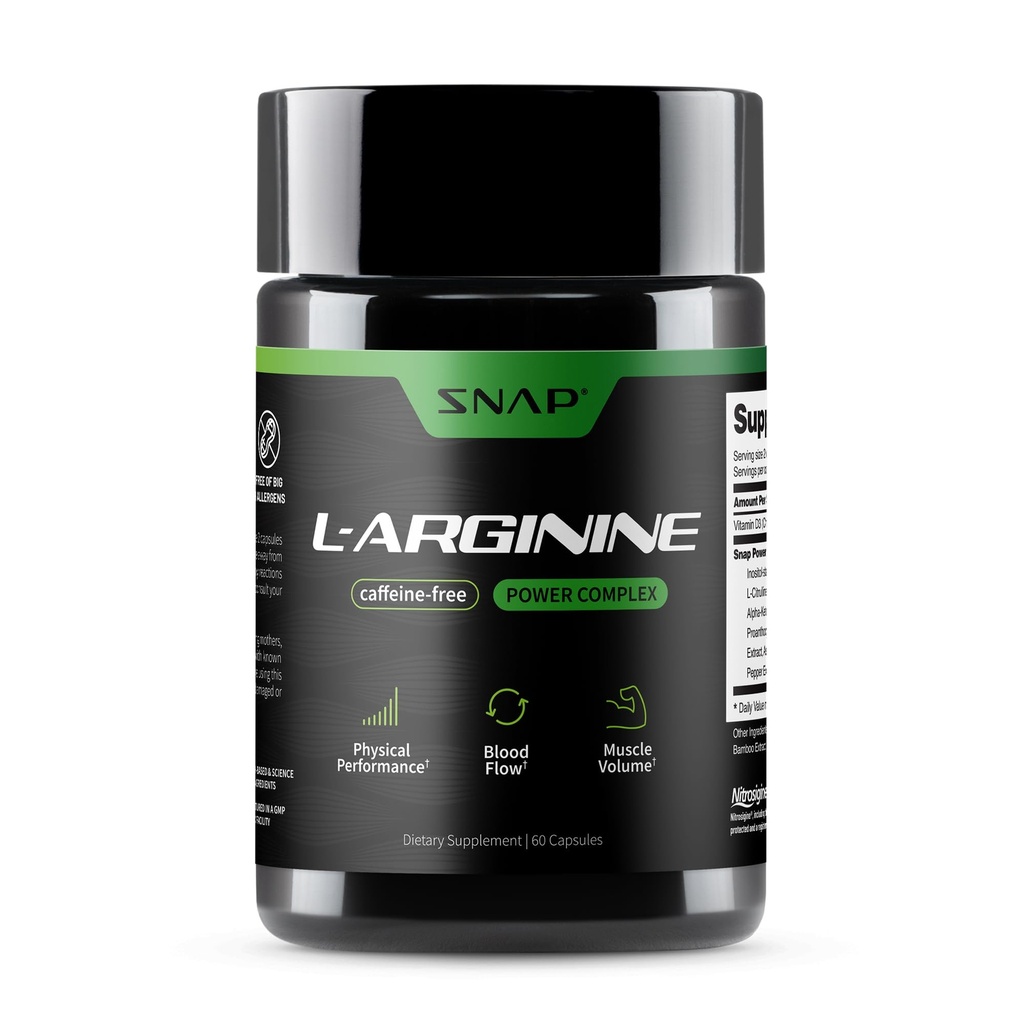 Snap Suppléments L Arginine Capsules - Supporte l'énergie naturelle, l'augmentation du flux sanguin et de la croissance musculaire et la santé Cardio, 60 capsules végétariennes (30 portions, 1 mois d'approvisionnement)