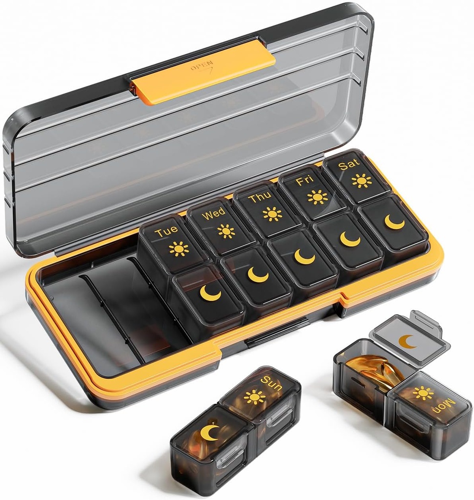 AM PM pil Organizer 2 keer per dag, 7 dagen pil Box Weekly pil Organizer Reizen met afzonderlijke container, draagbare dagelijkse geneeskunde Planner Dispenser geval voor vitamine, visolie, supplementen(BlackGold)