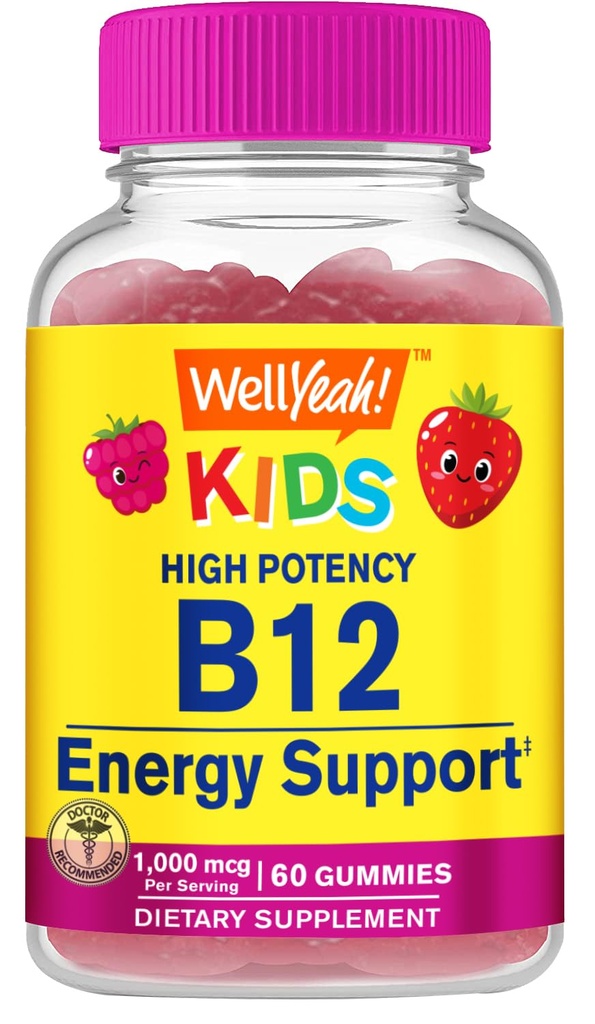 Eh bien oui Vitamine B12 Gummies pour les enfants - Booster l'énergie, améliorer la fonction cérébrale et renforcer le système immunitaire - Non-OGM, sans gluten - Grand goût de baies - Facile à mâcher - 60 Gummies