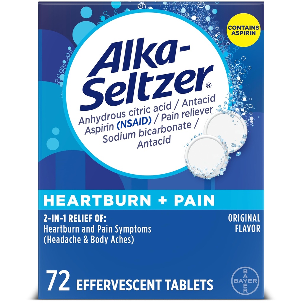 Alka-Seltzer Heartburn + Pain Bruisende Aspirine + Antacida tabletten, Fast Heartburn Relief and Acid Indigestie Relief, Pain Relief with Aspirine, 72 Ct