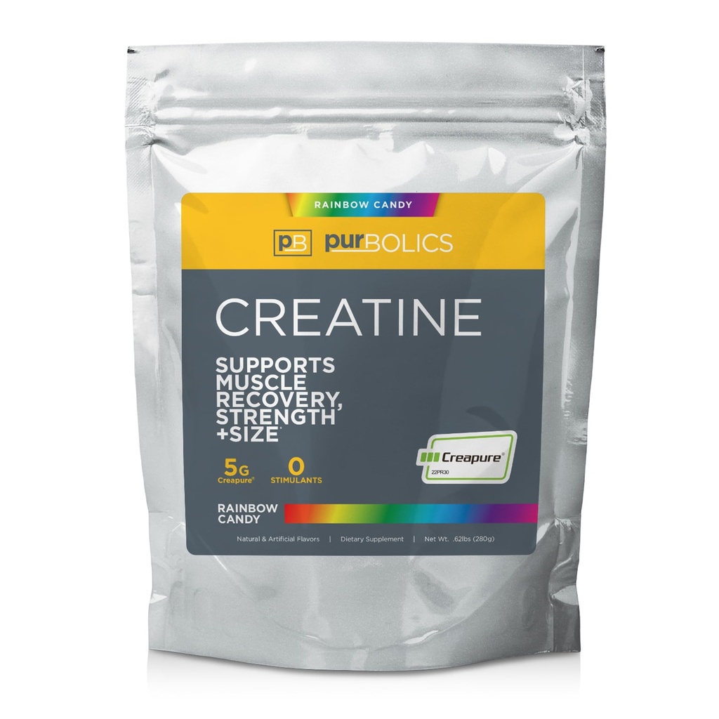 Purbolics Creapure Creatine Monohydraat, Micronized Creatine 5g, Verhoogde workout prestaties en herstel, Bouw kracht, Verbeter pompen (50 porties, Rainbow Candy)
