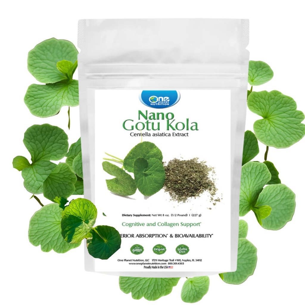 One Planet Nutrition Nano Gotu Kola Powder 8 oz (227 Servings) - Nano-Particle Size Centella Brahmi Extract - Enhances Brain Function & Collagen Synthesis - Non-GMO, Vegan, Gluten-Free