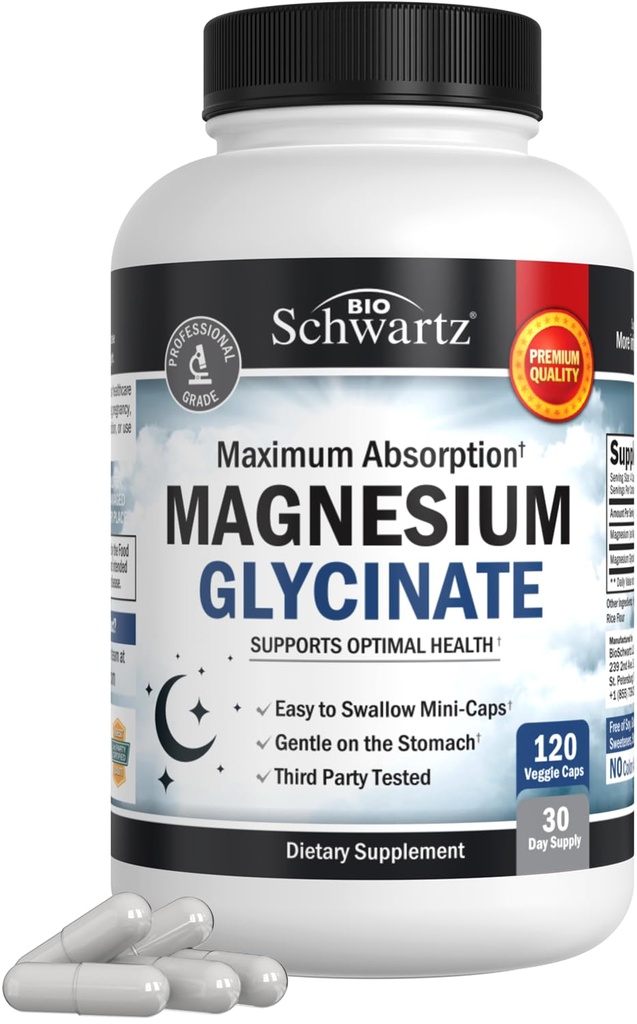 BioSchwartz Magnesium Glycinate 500 mg Capsules (120 Mini Caps) Maximale Absorptie Magnesium Supplement voor gezonde nerves Spieren Hart Mood en Slaap Ondersteuning (Vegan, Gluten-Free, Non-GMO)