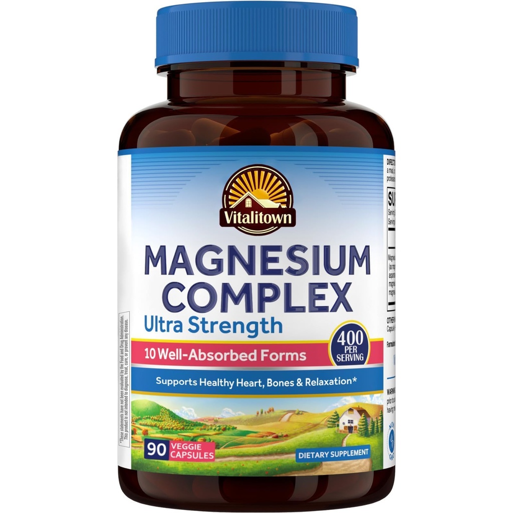 Vitalitown 10 en 1 Supplément complexe de magnésium - 400mg Magnésium élémentaire Chélaté avec Glycinat, Citrate, Malate, Taurate et plus - pour l'énergie cardiaque de sommeil - Non-OGM, Vegan, 90 capsules