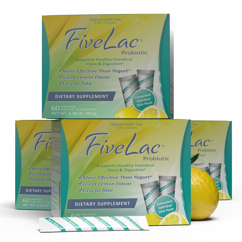 Global Health Trax GHT - FiveLac Lemon Probiotic Powder Drink Mix, Probiotics for Women, Men, Kids - Smooth Digestive Support & Elimination – Relieves Constipation & Gas - 60 Packets (4 Pack) Non-GMO
