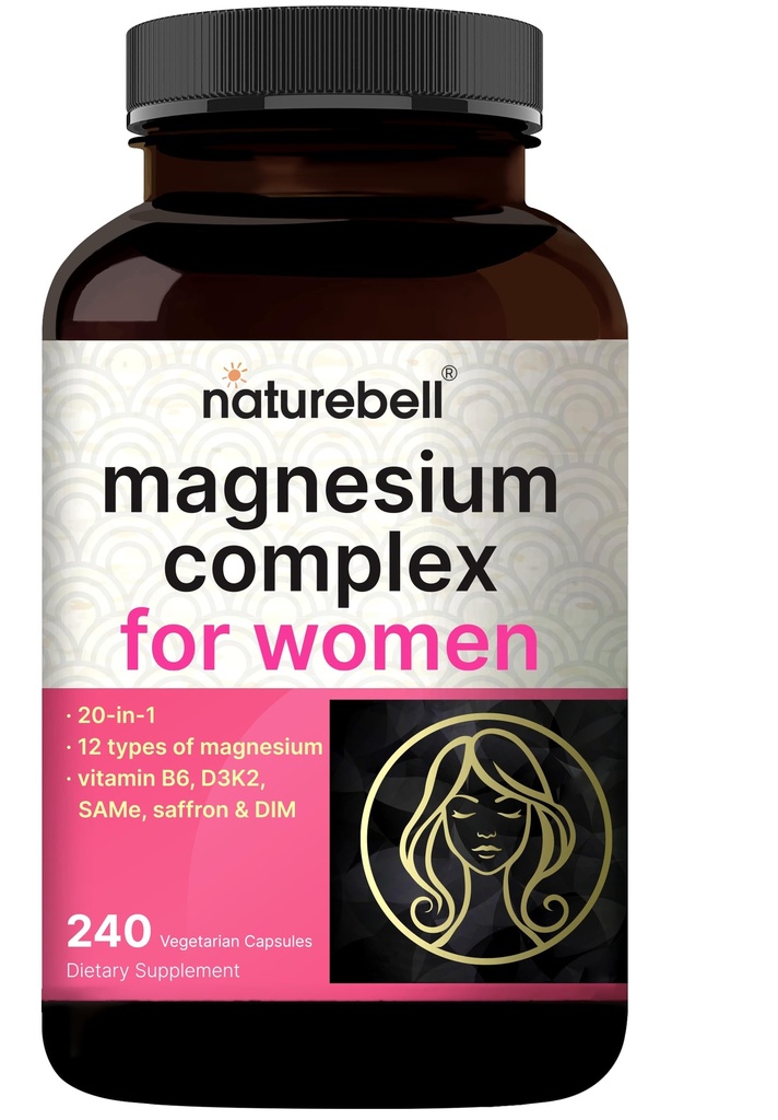 Magnesium Complex for Women, 240 Vegetarian Capsules | 20-in-1 – Glycinate, Citrate & Malate | Plus D3, K2 (MK-7), B6, Saffron & DIM, Non-GMO