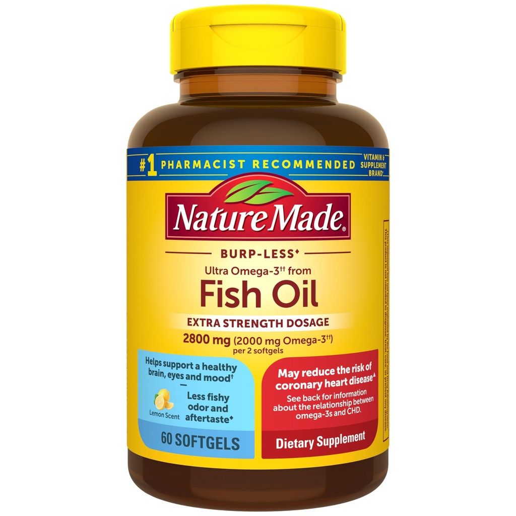 Natuur gemaakt Extra sterkte Omega 3 Visolie Supplementen, 2800mg, Visolie Omega 3 Supplementen als ethylesters voor gezonde hart, hersenen, ogen, Mood Ondersteuning, 60 Softgels, 30 dagen levering
