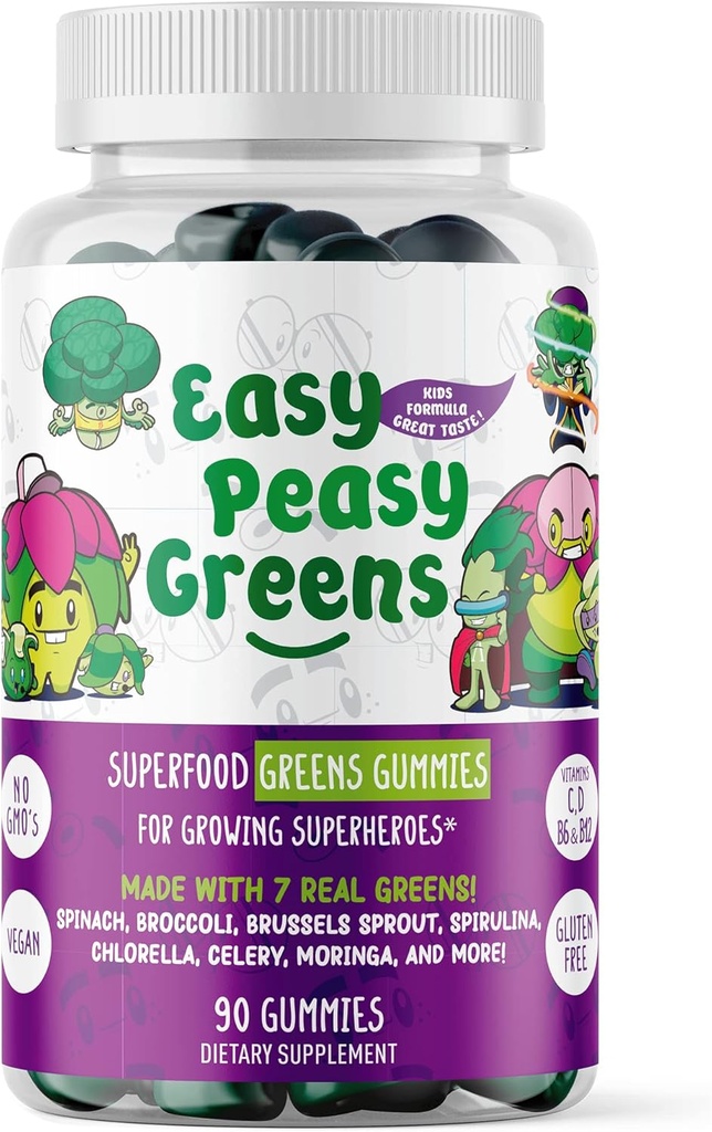 EasyPeasyGreens Daily Veggie Gummies for Kids - 90 Greens Gummies - Helpt Picky Eaters Krijgen hun groenten in - Gemaakt met 10 echte plantaardige extracten en 100% veganistisch