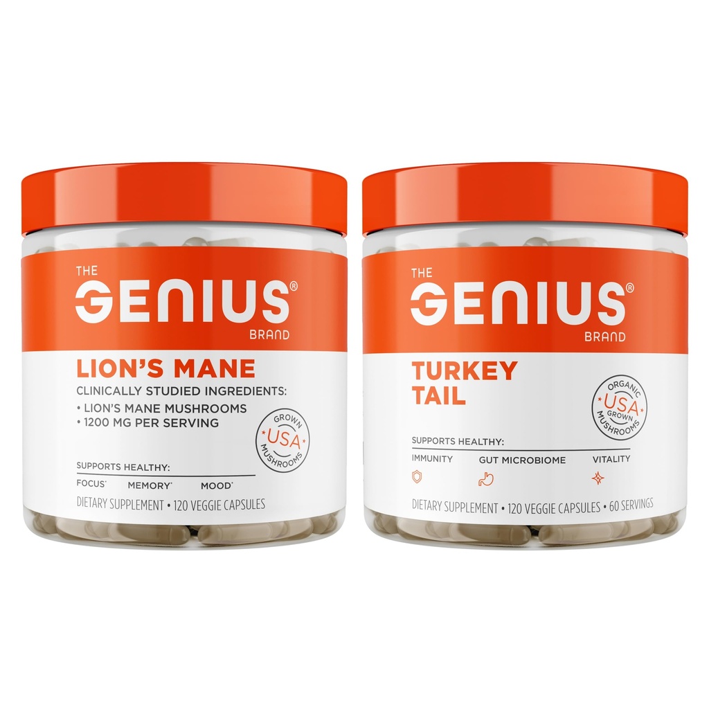 Genius Lion's Mane - Plant-Based Supplement for Memory, Focus & Mood Support + Genius Turkey Tail - Plant-Based Supplement for Immune, Gut & Antioxidant Support