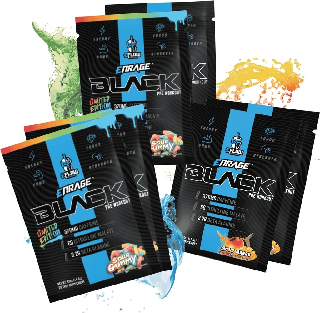 eFlow Nutrition ENRAGE Black Preworkout Sample Packs - Travel Packs - High Stim Energy, Pump, Strength, Endurance, Focus, Nootrope Formula - Sour Gummy & Sour Mango Flavor (6 Packs)