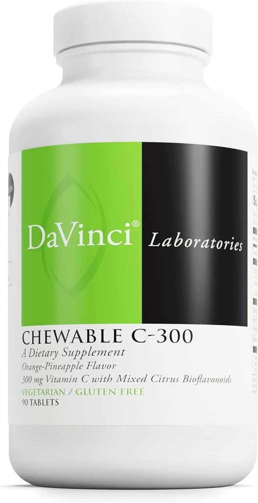 DaVinci Labs Chewable C-300 - supplement ter ondersteuning van de immuungezondheid, Cholesterol en collageen productie - met vitamine C, pectine en meer - Glutenvrije - Oranje Ananas smaak - 90 Vegetarische tabletten