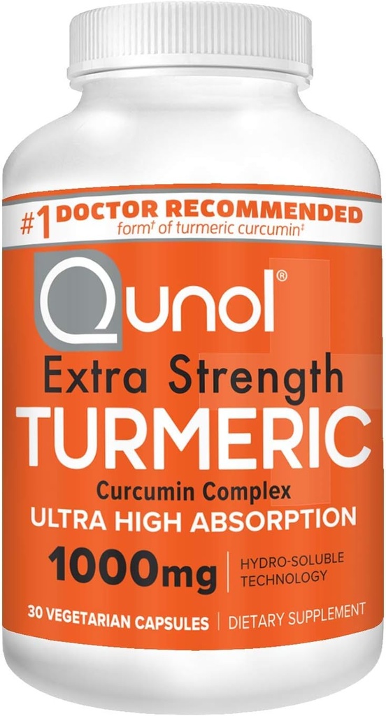 Qunol Kurkuma Curcumin Capsules, 1000mg Extra Sterkte Supplement, Gepatenteerde Hydro-Oplosbare Technologie, Alternatief voor Kurkuma Curcumin met zwarte peper, 30 Veggie Capsules