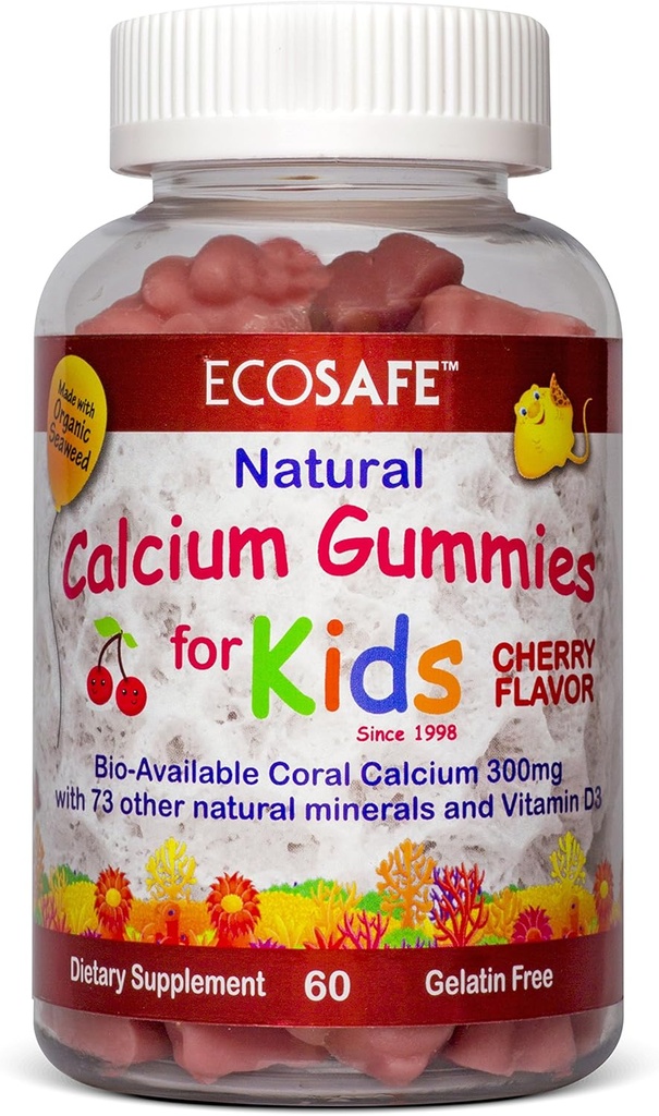 ECO SAFE Coral Calcium Vitamine D3 Kids Gummy, Natural Cherry Flavor, Non GMO, Glutenvrij, Dairy-Free, Soy-Free en Gelatine Vrij - 300 mg Calcium, en 800 IE vitamine D3-60 Gummies (2 Pack)